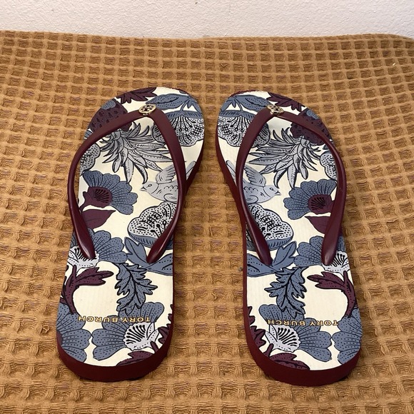 Tory Burch Women's Sz 9 M Flip Flop Sandals Purple Floral Logo Lightweight - Picture 4 of 8